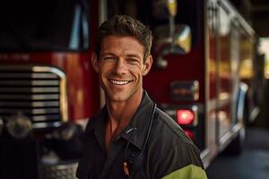 un sonriente masculino bombero en frente de el fuego camión con generativo ai foto