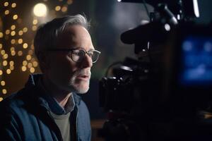 director speaks on the set of a movie production with photo