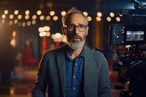 director speaks on the set of a movie production with photo