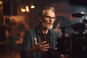director speaks on the set of a movie production with photo
