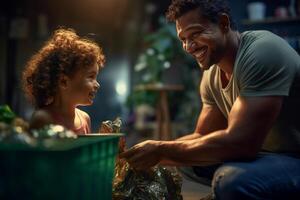 happy father and daughter collect garbage from a green recycling bin at the household with Generative AI photo