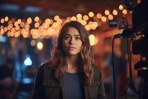 female director speaks on the set of a movie production with photo