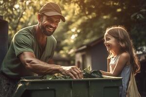 happy father and daughter collect garbage from a green recycling bin at the household with photo