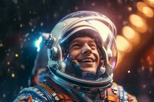 a happy astronaut man in space helmet and space theme with Generative AI photo