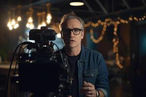 director speaks on the set of a movie production with photo
