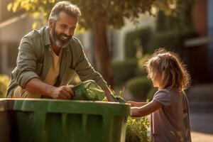 happy father and daughter collect garbage from a green recycling bin at the household with photo