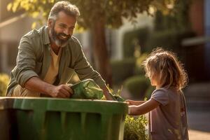 happy father and daughter collect garbage from a green recycling bin at the household with Generative AI photo