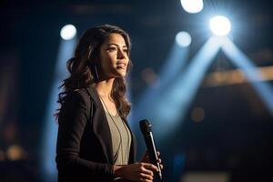 young woman giving a talk at a conference in a bright stage with photo