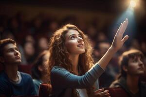 a female student raising hands at a lecture theatre with Generative AI photo