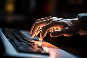 a person is using an artificial hand on their computer with photo
