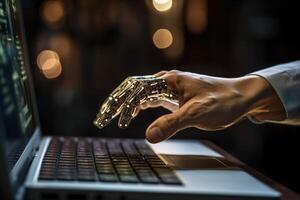 a person is using an artificial hand on their computer with photo