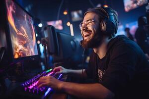 a happy gamer man wearing headphones is using a computer at night with photo