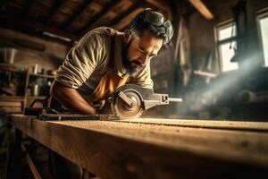 carpenter using a saw on wood in the workshop with photo