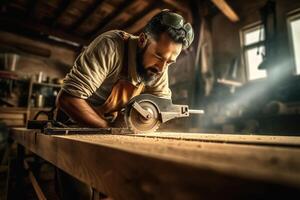 carpenter using a saw on wood in the workshop with Generative AI photo