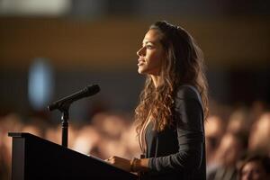 young woman giving a talk at a conference in a bright stage with photo