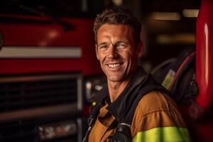 un sonriente masculino bombero en frente de el fuego camión con generativo ai foto