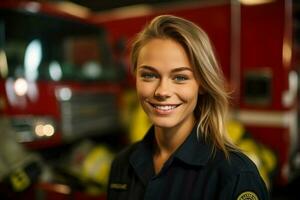 un sonriente hembra bombero en frente de el fuego camión con generativo ai foto