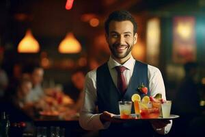 a happy male waiter holding tray with a cocktail with Generative AI photo