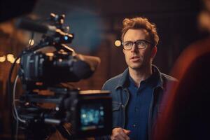 director speaks on the set of a movie production with photo