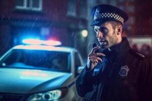 male police officer speaking on the radio with police car behind him with photo