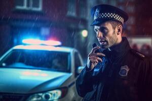 male police officer speaking on the radio with police car behind him with Generative AI photo