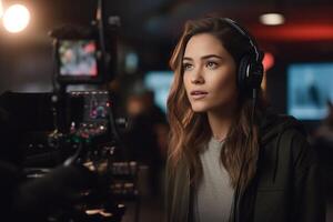 female director speaks on the set of a movie production with photo