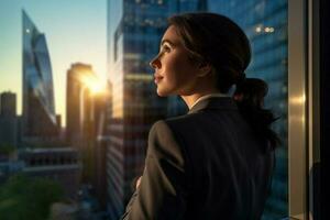 mujer de negocios mirando fuera dentro ciudad horizonte con generativo ai foto