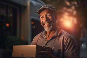 smiling delivery man is holding a package outside a delivery van with photo
