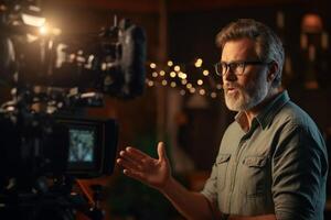director speaks on the set of a movie production with photo