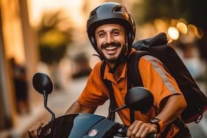 smiling delivery man with backpack on his scooter with photo
