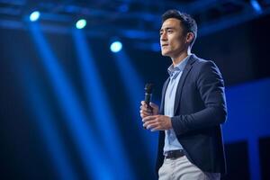 young man giving a talk at a conference in a bright stage with photo