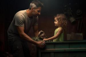 happy father and daughter collect garbage from a green recycling bin at the household with Generative AI photo