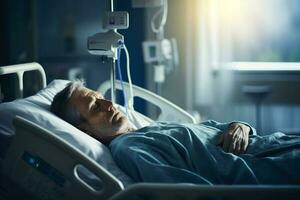 paciente acostado en el cama en hospital con generativo ai foto