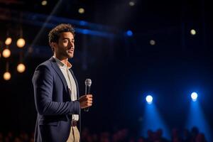 young man giving a talk at a conference in a bright stage with photo