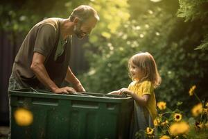 happy father and daughter collect garbage from a green recycling bin at the household with photo