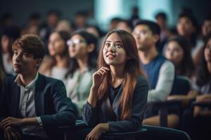 students listening to lecture at a lecture theatre with Generative AI photo