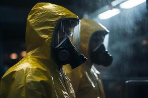 two engineering workers in protective suit standing in a factory with photo