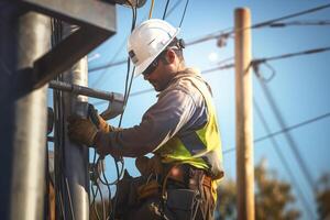 a electrician fixing power pole with photo