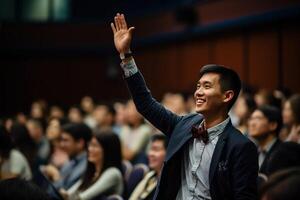 a male student raising hands at a lecture theatre with Generative AI photo