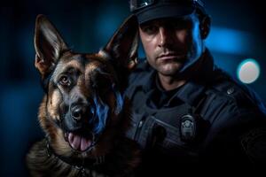 policía con su alemán Shepard con generativo ai foto