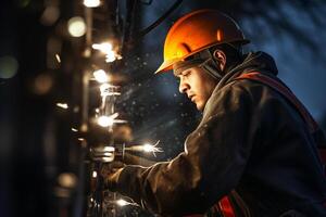 a electrician fixing power pole with photo
