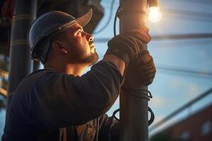 a electrician fixing power pole with photo
