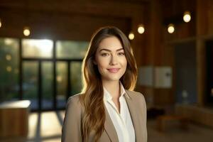 smiling female Real Estate Agent in a suit stands in new home with Generative AI photo