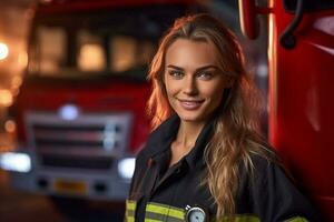 a smiling female firefighter in front of the fire truck with Generative AI photo