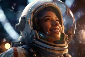 a happy astronaut woman in space helmet and space theme with photo