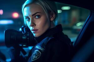 female police officer speaking on the radio with police car behind her with photo