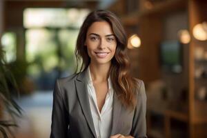 smiling female Real Estate Agent in a suit stands in new home with Generative AI photo