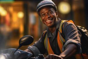 sonriente entrega hombre con mochila en su scooter con generativo ai foto