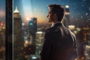 businessman looking out into city skyline with Generative AI photo