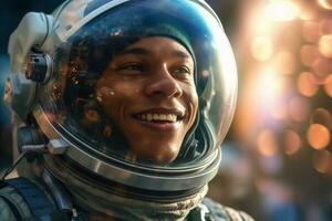 a happy astronaut man in space helmet and space theme with Generative AI photo